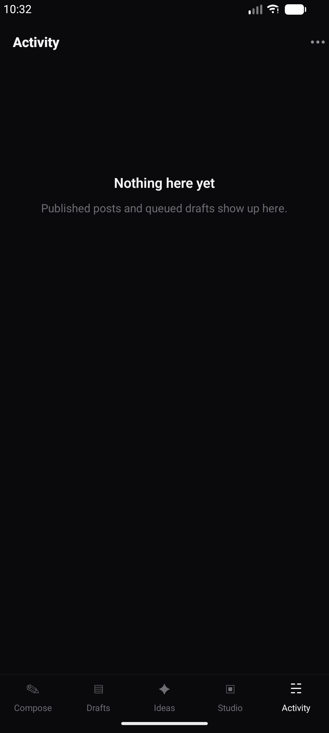Activity screen showing published posts and queue