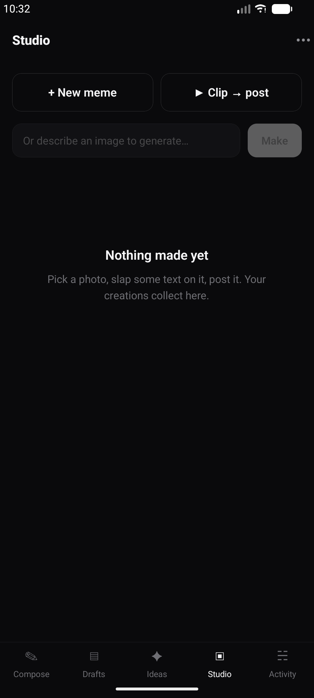 Studio screen for memes, clips, and AI image generation